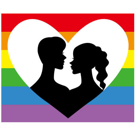 Silhouette of two women in the heart mark and rainbow flagのイラスト素材