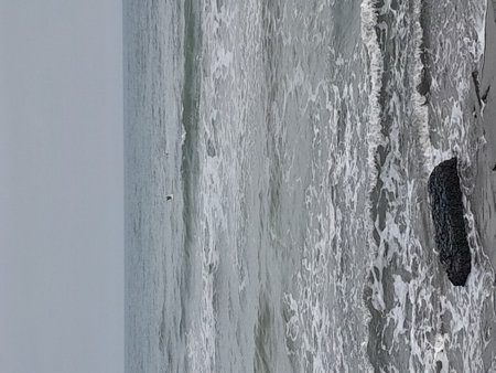 Waves breaking on the shore of the Baltic Sea in winter.の写真素材