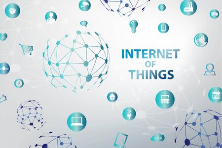 Internet of things (IoT) and cloud network concept for connected smart devices. Spider web of network connections icons in white technology spherical background.のイラスト素材