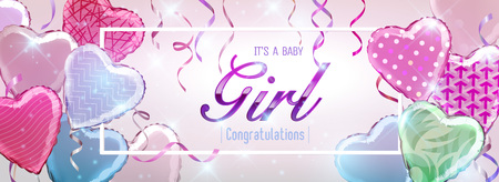 "Congratulations It's a Girl" background with colorful heart shaped foil balloonsのイラスト素材