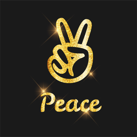 Golden glitter Peace text and hands icon.のイラスト素材