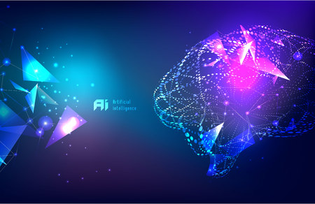 Vector illustration of human brain made by tiny particles between glowing digital network for Artificial Intelligence (AI) deep learning concept.のイラスト素材