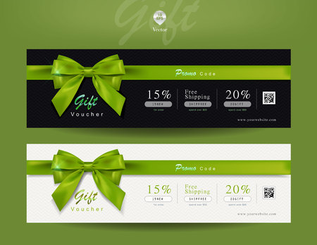 Collection of discount voucher template with ribbons bow and promo code. Detailed and realistic Vector illustration.のイラスト素材