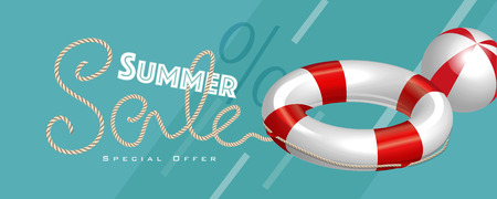 Summer sale with rope text style and lifebuoy marketing template.  Illustration for greeting card, ad, promotion, poster, flier, blog, article and social media.のイラスト素材