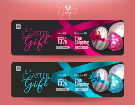 Collection of discount voucher template with ribbons bow, Easter eggs and promo QR code. Detailed and realistic Vector illustration.のイラスト素材