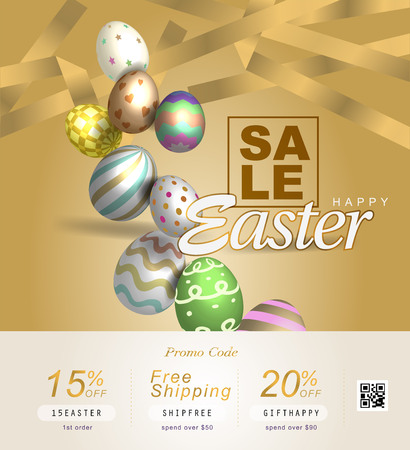 Collection of discount voucher template with ribbons bow, Easter eggs and promo QR code. Detailed and realistic Vector illustration.のイラスト素材