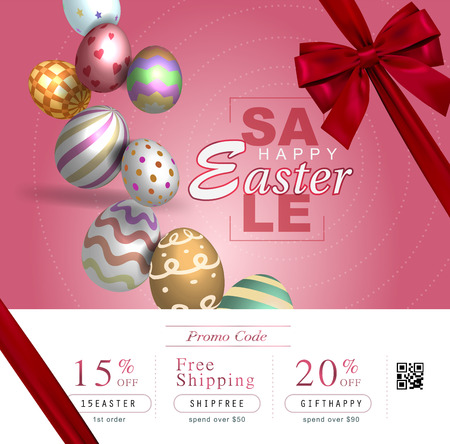 Collection of discount voucher template with ribbons bow, Easter eggs and promo QR code. Detailed and realistic Vector illustration.のイラスト素材