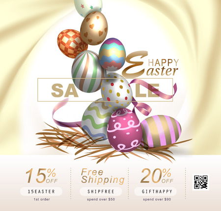 Collection of discount voucher template with ribbons bow, Easter eggs and promo QR code. Detailed and realistic Vector illustration.のイラスト素材