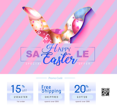Collection of discount voucher template with ribbons bow, Easter eggs and promo QR code. Detailed and realistic Vector illustration.のイラスト素材