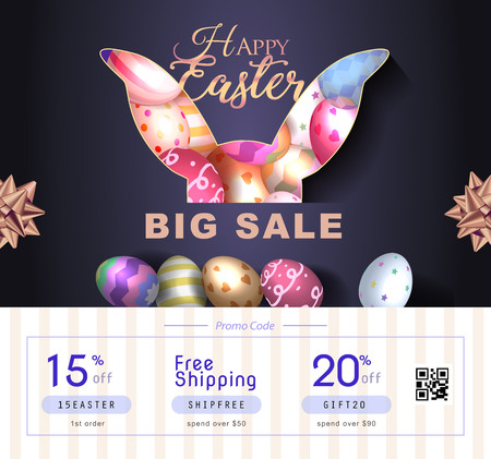 Collection of discount voucher template with ribbons bow, Easter eggs and promo QR code. Detailed and realistic Vector illustration.のイラスト素材