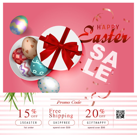 Collection of discount voucher template with ribbons bow, Easter eggs and promo QR code.のイラスト素材