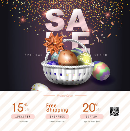 Collection of discount voucher template with ribbons bow, Easter eggs and promo QR code. Detailed and realistic Vector illustration.のイラスト素材