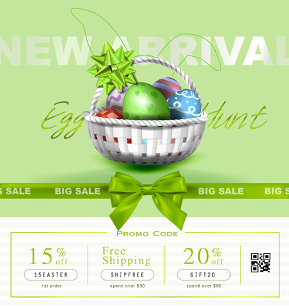 Collection of discount voucher template with ribbons bow, Easter eggs and promo QR code. Detailed and realistic Vector illustration.のイラスト素材