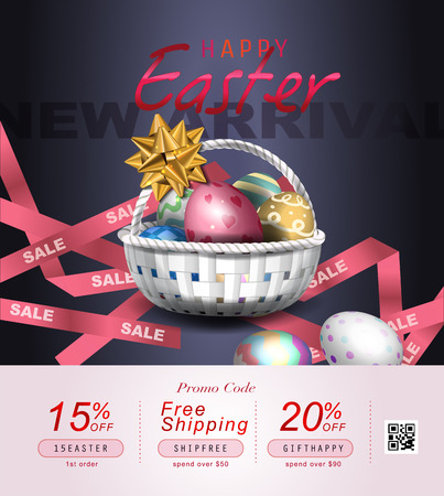 Collection of discount voucher template with ribbons bow, Easter eggs and promo QR code. Detailed and realistic Vector illustration.のイラスト素材
