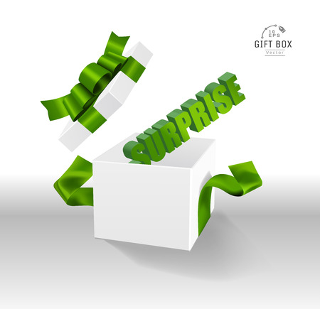 Vector Empty opened gift box with ribbon, bow and confetti. Present package in realistic 3d style.のイラスト素材