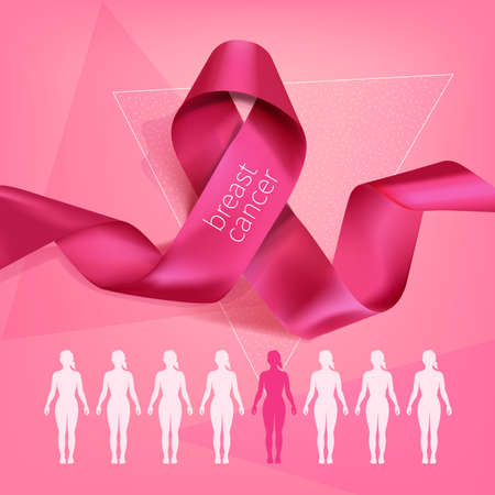 Breast cancer awareness month poster background concept design. Realistic pink bow ribbon vector illustration templateのイラスト素材