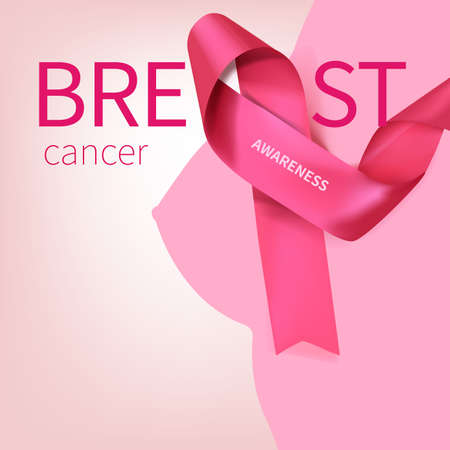 Breast cancer awareness month poster background concept design. Realistic pink bow ribbon vector illustration templateのイラスト素材