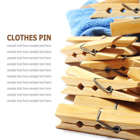 Wooden clothes pin isolated on white backgroundの写真素材