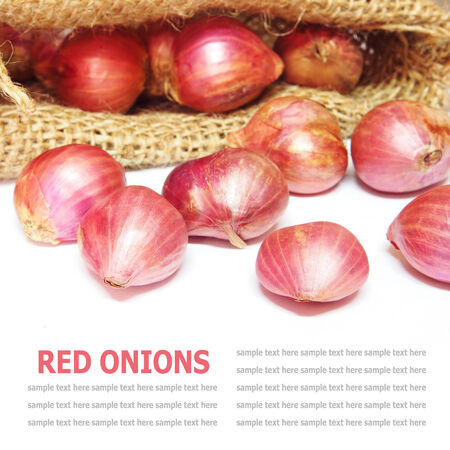 Red onions isolated in burlap isolated on white backgroundの写真素材