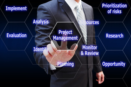 Business man hand touching virtual panel of icon polygon interface of project management , business conceptの写真素材