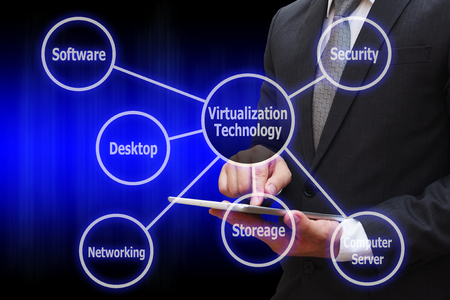 Business Man touching modern tablet with virtual panel of virtualization technology or cloud computing. Computer technology concept.の写真素材
