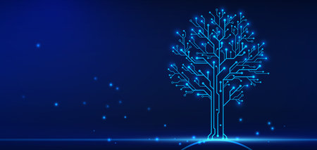 Design a tree in the style of microchip technology. Technology graphic design background. Vector...