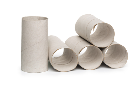 Empty toilet paper on white backgroundの写真素材
