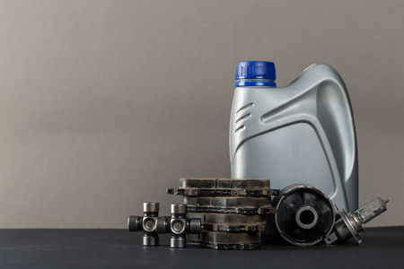 New car parts on a gray background closeup. Shop for autoの写真素材