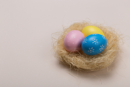 Colorfull easter eggs in nest on pastel color background with space. Conceptの写真素材