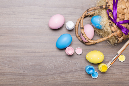 Easter eggs on wooden backgroundの写真素材