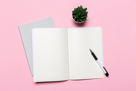 school notebook on a pink background, notepad on a table.Top viewの写真素材