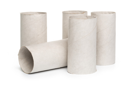 Empty toilet paper on white backgroundの写真素材