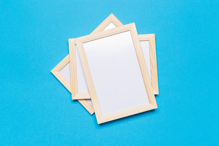 Picture frame and Photo art gallery on the blue background.top viewの写真素材