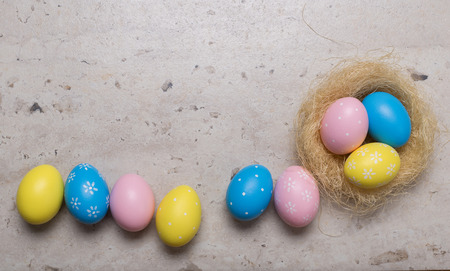 Happy Easter concept background.Easter eggs on table. Holiday backgroundの写真素材