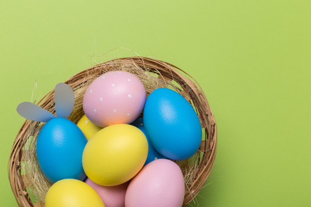 Colorfull easter eggs in nest on green pastel color background with space.の写真素材