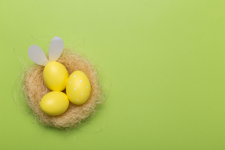 Colorfull easter eggs in nest on green pastel color background with space.の写真素材