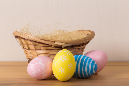 Easter eggs in the basket. Easter holiday concept.の写真素材