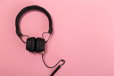 Top view. Flat lay. Copy space. Trendy colorful photo. Minimal style with colorful paper backdrop. Music conceptの写真素材