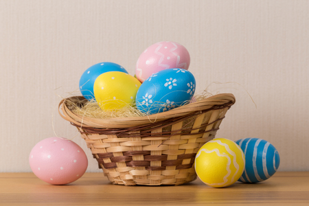 Easter eggs in the basket. Easter holiday concept.の写真素材