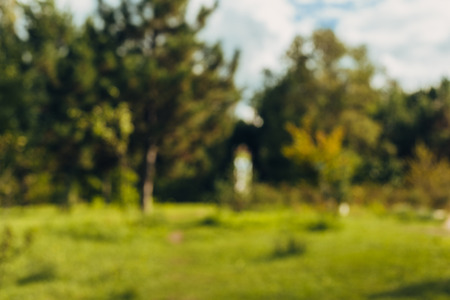 Abstract blur beautiful landscape city park bokeh background with sunlight in daytime. Nature green environmental garden in summer season concept.の写真素材