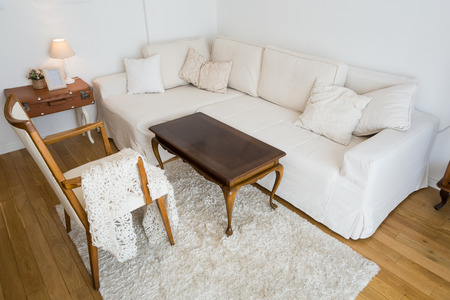 Bright living room with white sofa and vintage decor.の写真素材