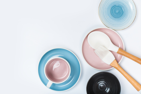 kitchen utensils, Clean  porcelain dishes on white  backgroundの写真素材