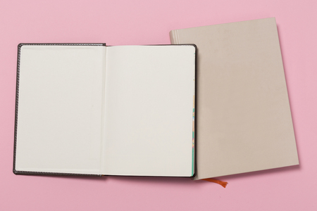 top view of a open notebook on a pink background. Office notepad flat layの写真素材