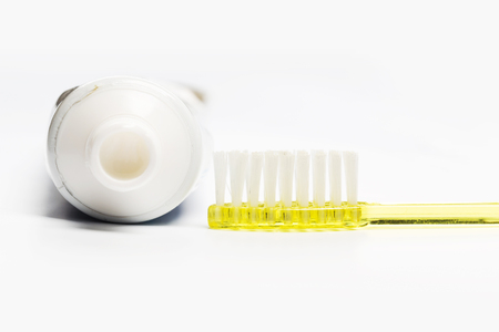 Flat lay composition with manual toothbrushes on white background.の写真素材