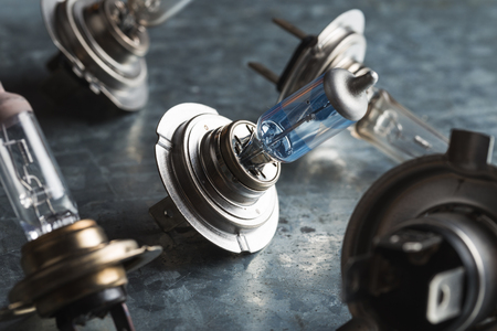 lot of Halogen car bulb on a metal backgroundの写真素材