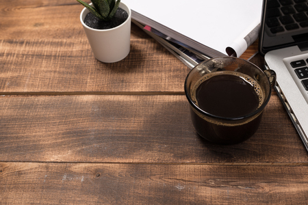 Mock-up magazine or catalog on wooden table. Blank page or notepad on wood background. Blank page or notepad for mockups or simulations.の写真素材