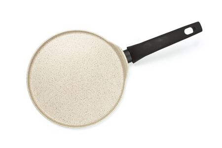 Photo of a bright ceramic pan with a black handle, isolated on a white background. Studio shotの写真素材