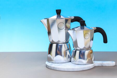 Making Italian coffee tradition by moka pot. Space for text, horizontalの写真素材