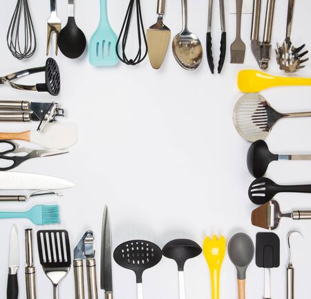 Set of kitchenware on gray backgroundの写真素材