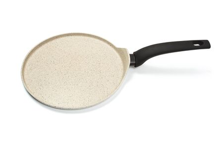 Photo of a bright ceramic pan with a black handle, isolated on a white background. Studio shotの写真素材